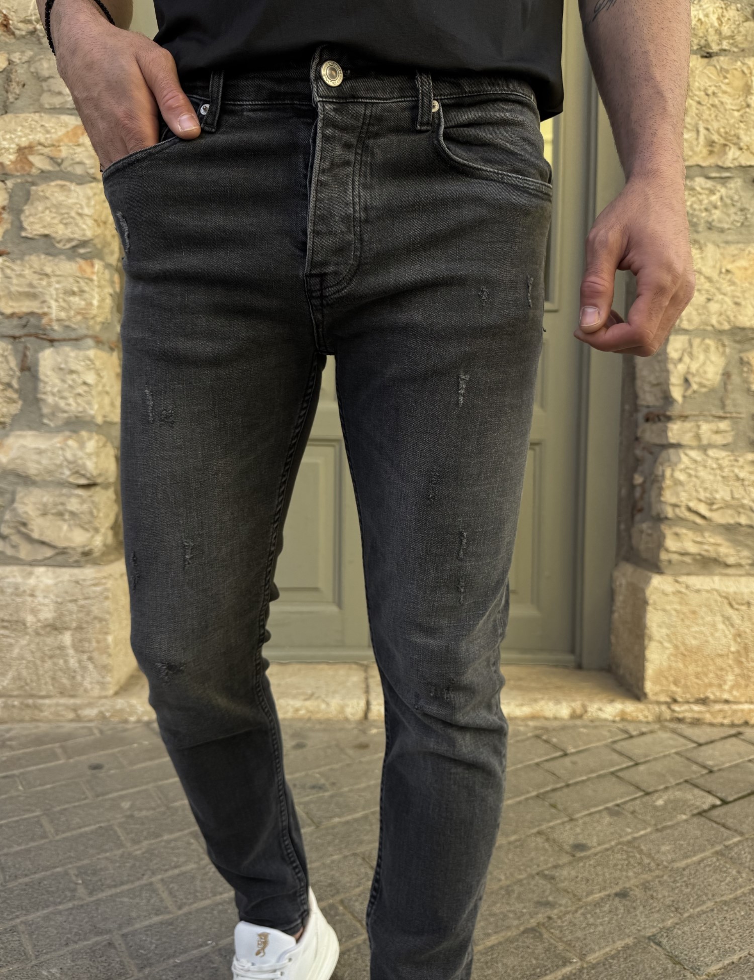 Ανδρικό Slim ανθρακί με φθορές τζιν παντελόνι πεντάτσεπο με κουμπιά 3LN478 φωτογραφία